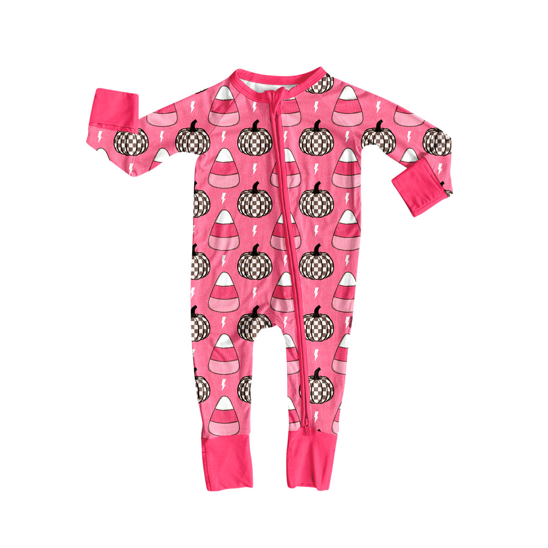 Baby Girls Fall Pumpkins Candy Plaid Zipper Footie Rompers