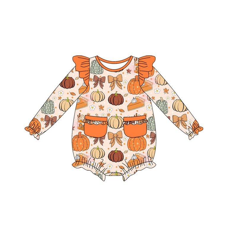 Baby Girls Long Sleeves Pumpkins Bows Pockets Ruffle Rompers Preorder
