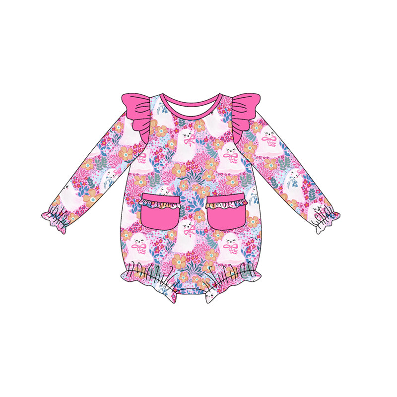 Baby Girls Long Sleeves Ghosts Floral Pockets Ruffle Rompers Preorder