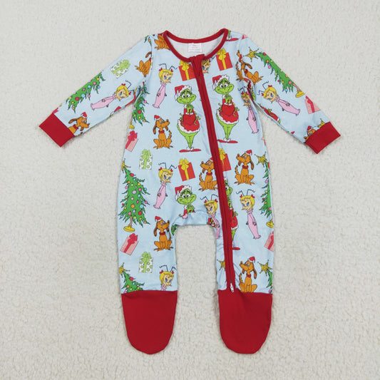 Sibling Baby Kids Long Sleeves Green Face Miss Christmas Pajamas Sets Zipper Footed Rompers