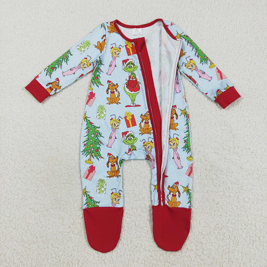 Baby Girls Green Face Christmas Trees Zipper Footed Rompers