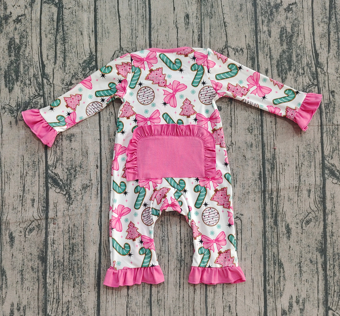 Baby Girls Candy Cane Trees Christmas Ruffle Zipper Footie Rompers