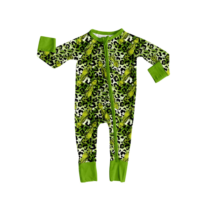 Baby Boys Long Sleeves Christmas Green Face Leopard Zipper Rompers Preorder