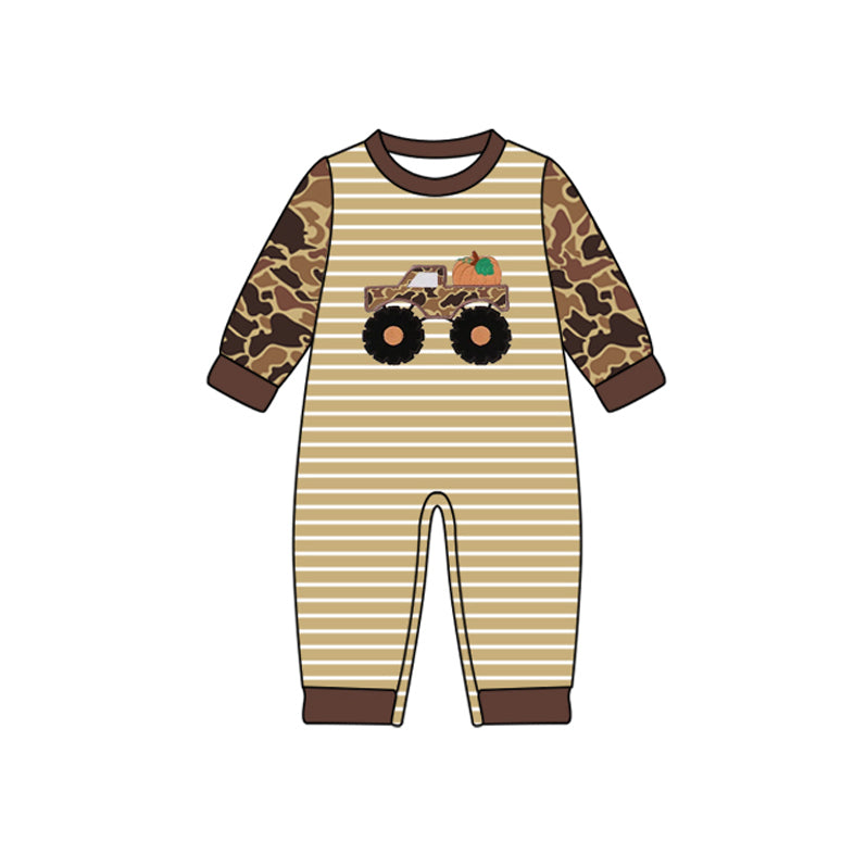 Baby Boys Brown Camo Truck Pumpkins Fall Rompers Preorder