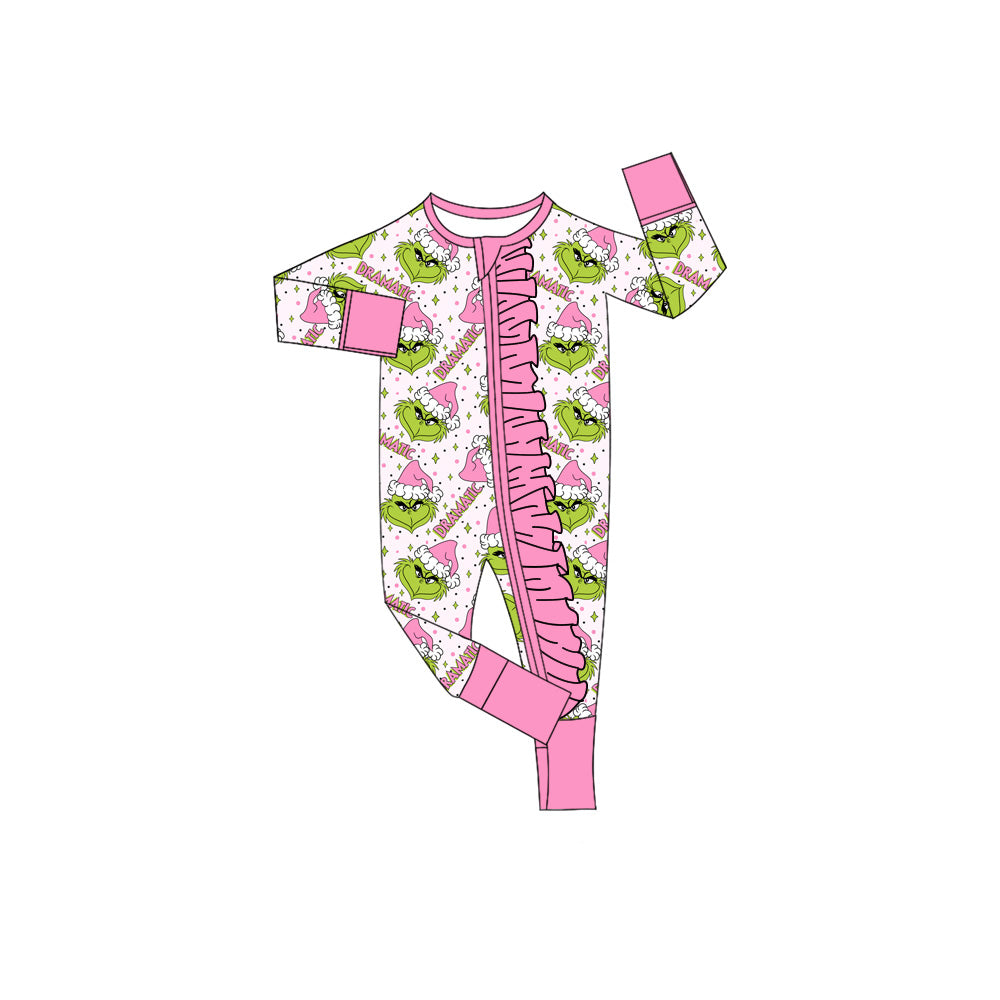 Baby Girls Green Faces Stars Ruffle Zipper Christmas Rompers