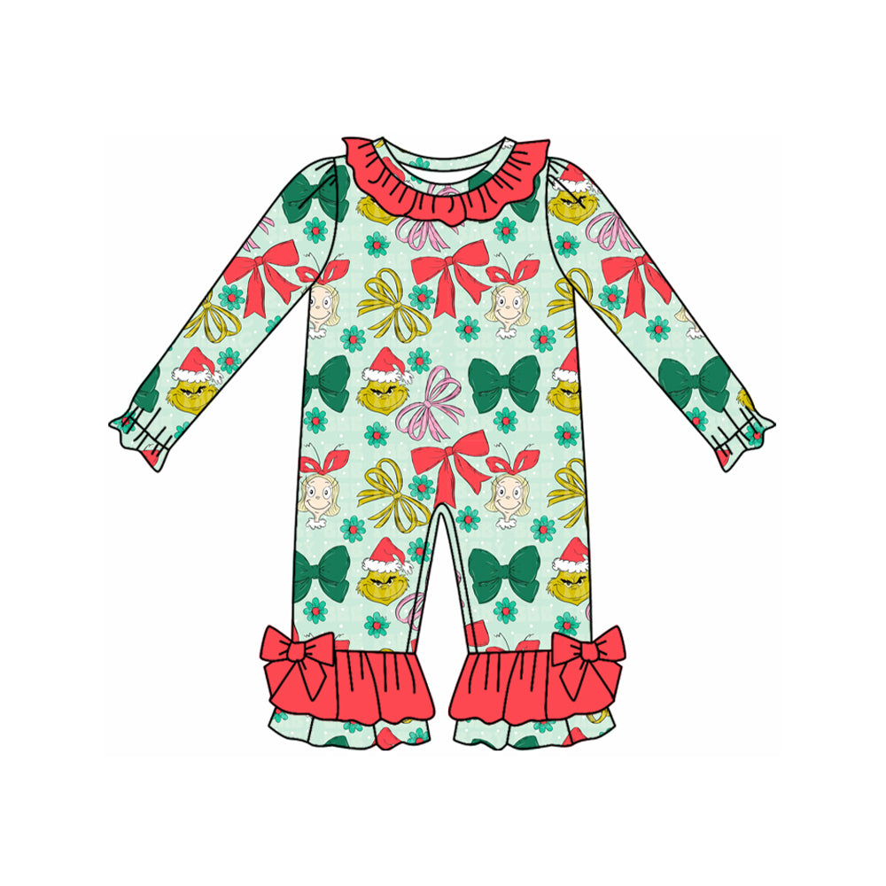 Preorder moq 5 Baby Girls Green Face Bows Christmas Ruffle Footie Rompers