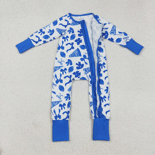 Baby Girls Team Blue Bows Cheer Footballs Ruffle Zipper Footie Rompers