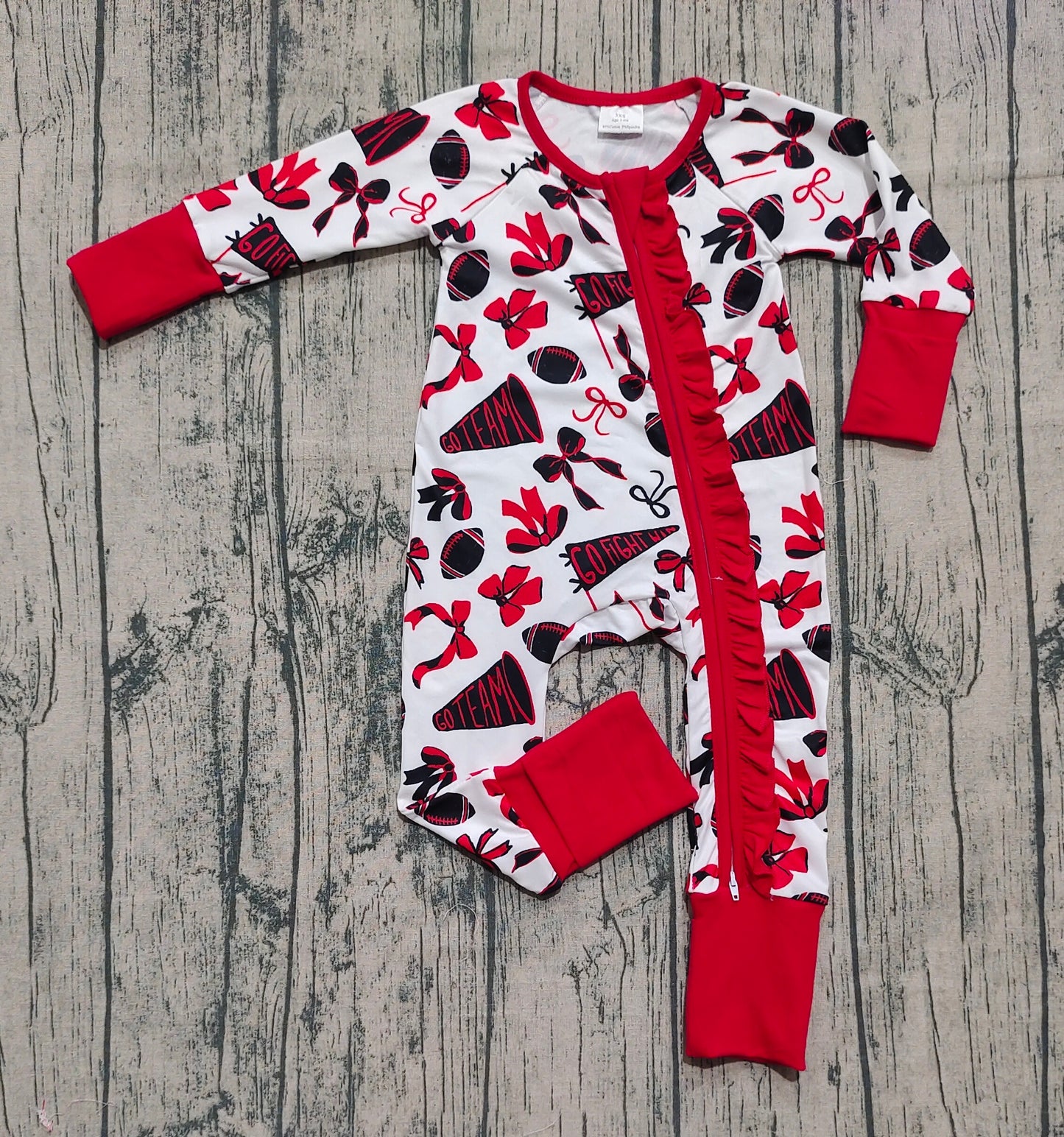 Baby Girls Red Bows Footballs Cheer Ruffle Zipper Team Rompers