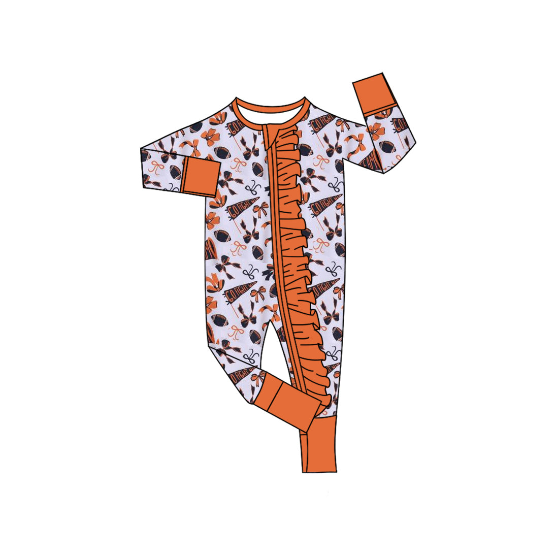 Baby Girls Orange Bows Footballs Plaid Ruffle Zipper Team Rompers Preorder