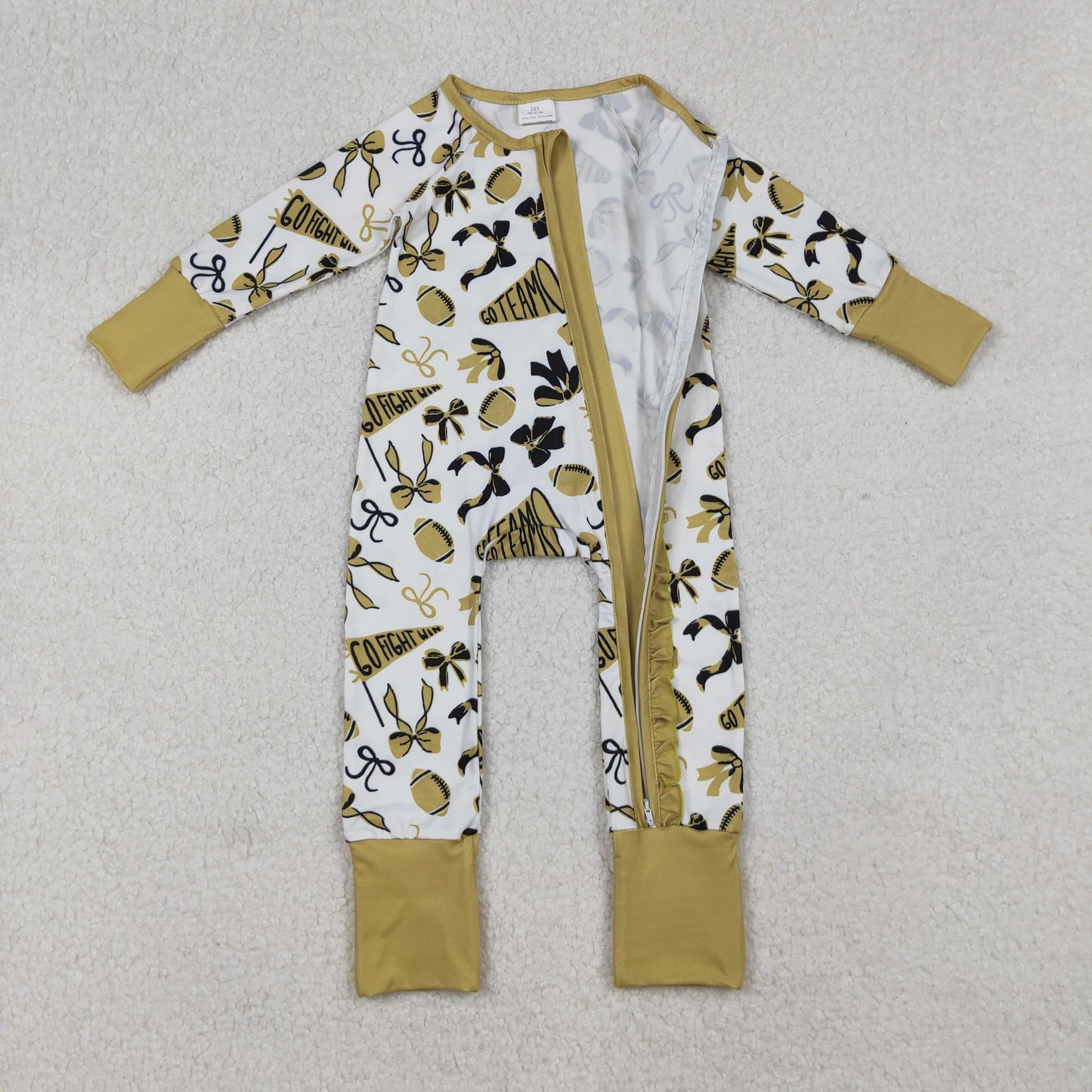 Sibling Baby Girls Gold Bows Footballs Go Team Ruffle Zipper Footie Romper Knee Length Dress