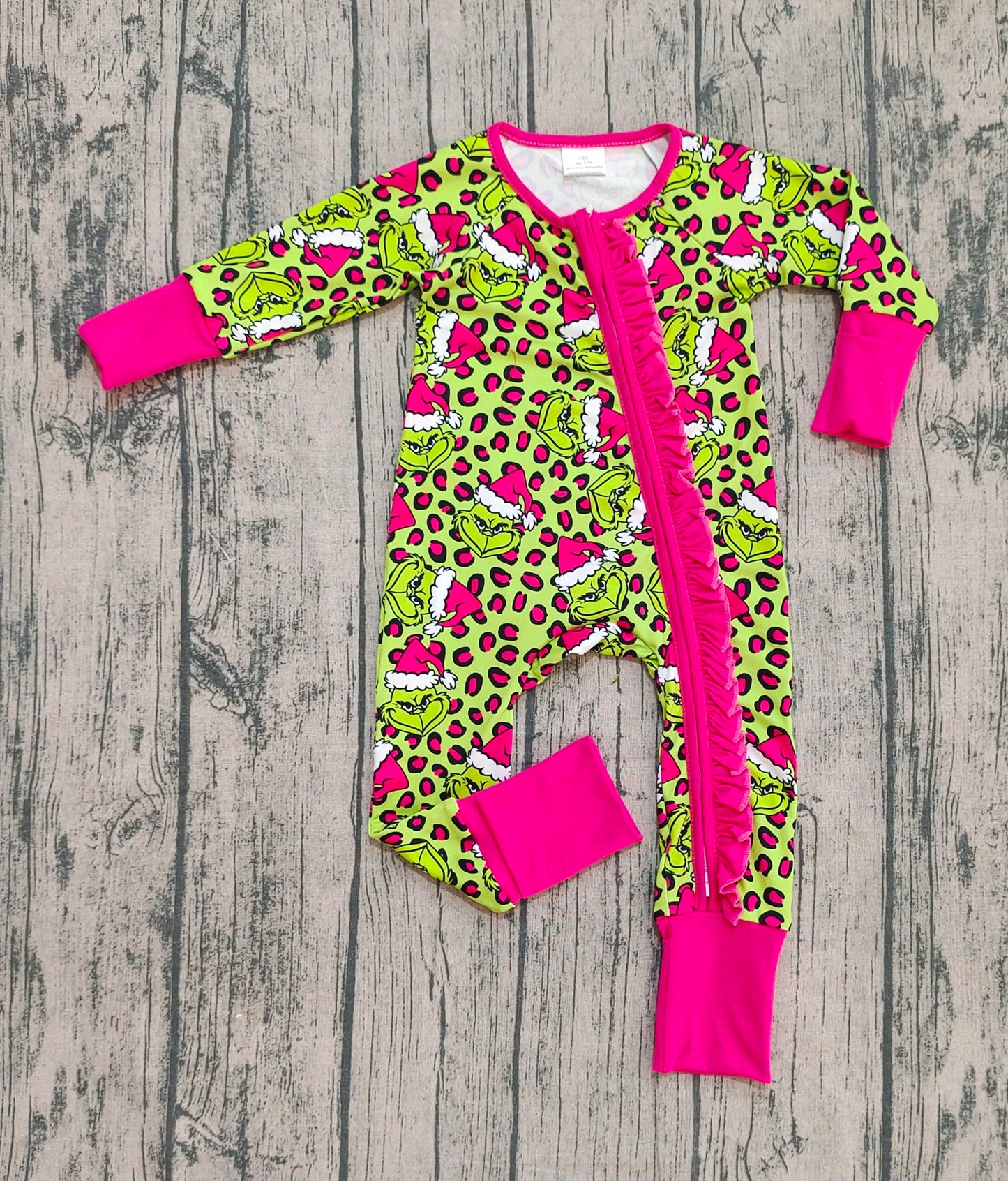 Baby Girls Leopard Hats Grin Christmas Ruffle Zipper Footie Rompers