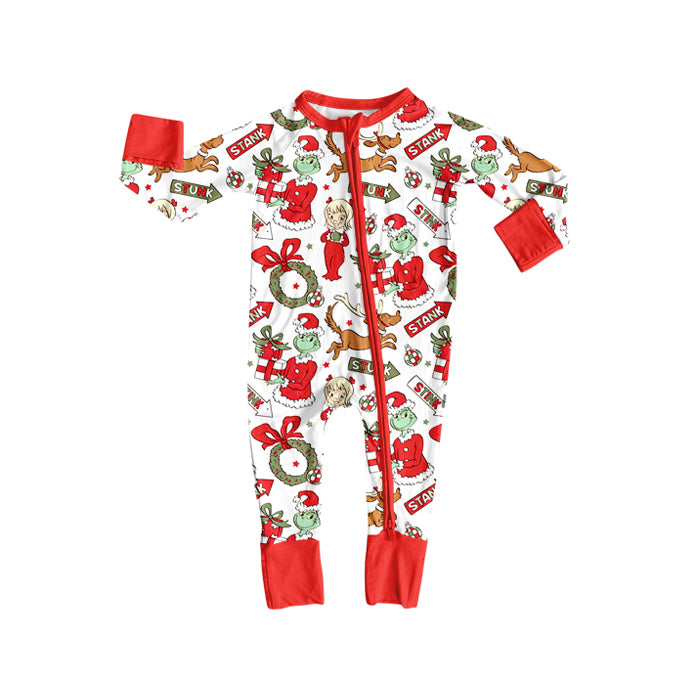 Preorder moq 5 Baby Boys Christmas Green Face Holly Zipper Footie Rompers
