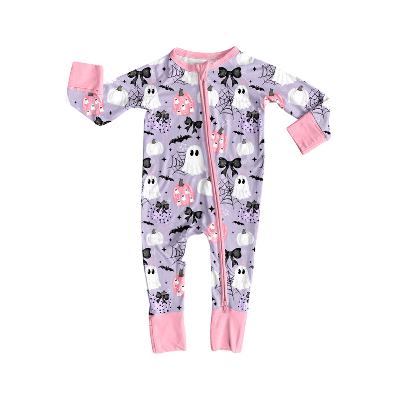 Preorder moq 5 Baby Girls Ghost Pumpkins Halloween Zipper Footie Rompers