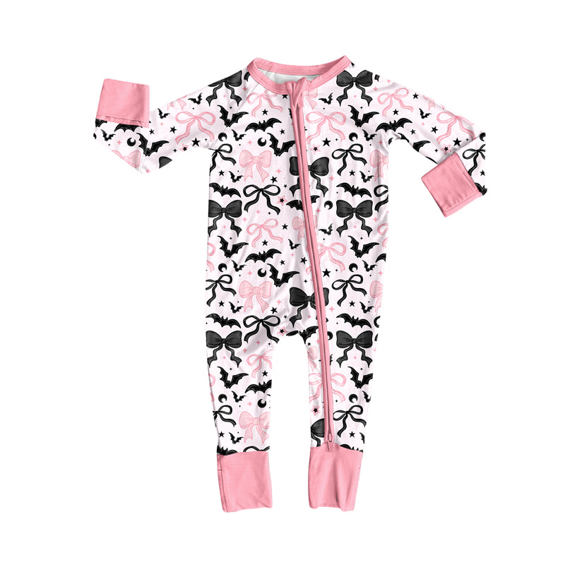 Baby Girls Bows Bats Plaid Halloween Zipper Footie Rompers Preorder