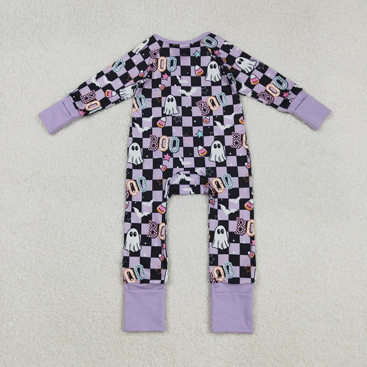 Baby Girls Black Plaid Ghosts Candy Halloween Zipper Footie Rompers