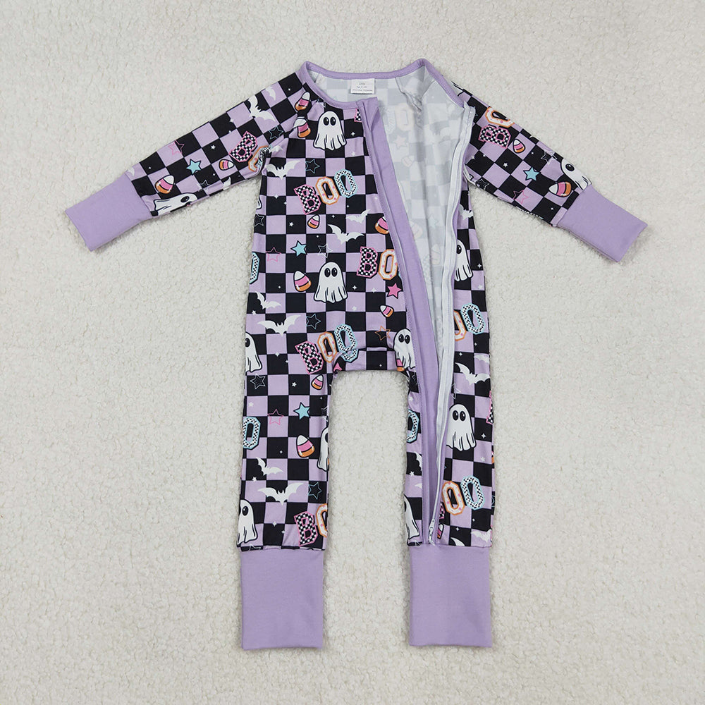 Baby Girls Black Plaid Ghosts Candy Halloween Zipper Footie Rompers