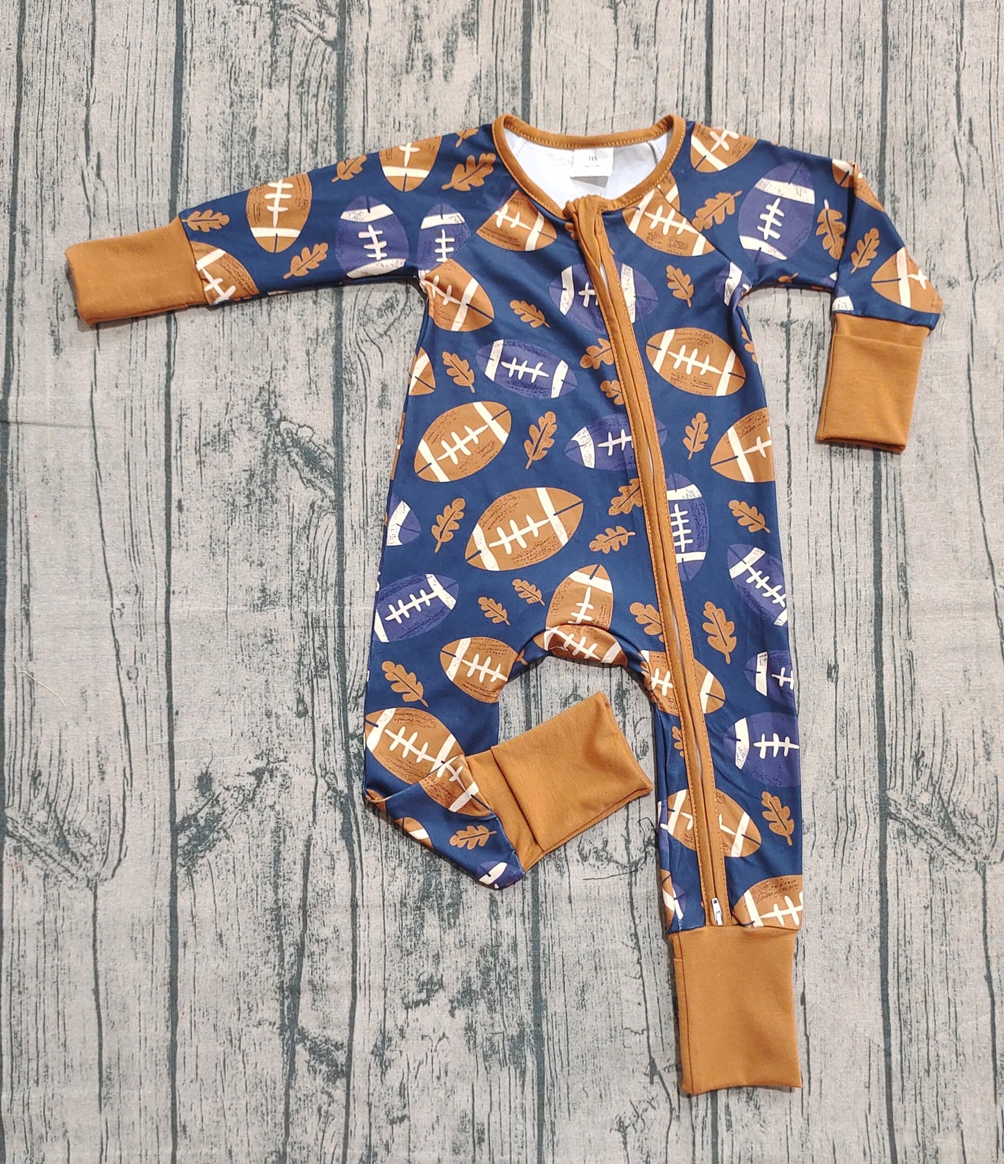 Baby Boys Leaves Footballs Fall Team Zipper Footie Rompers
