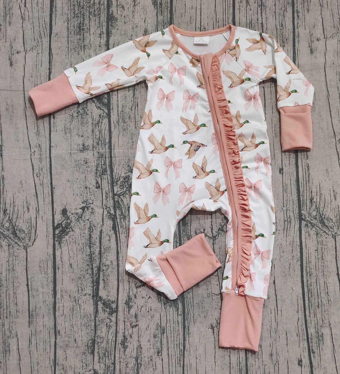 Baby Girls Ducks Bows Plaid Ruffle Zipper Footie Rompers