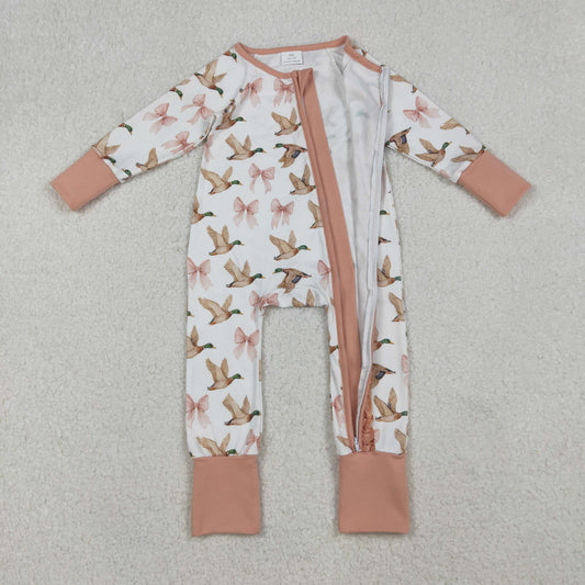 USA Shop Baby Girls Pink Bows Ducks Hunting Two Way Ruffle Zip Convertible Rompers