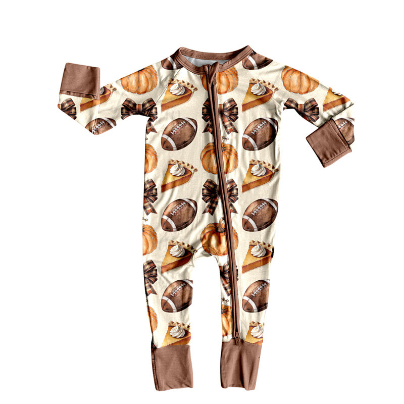 Baby Boys Footballs Bows Pie Fall Zipper Footie Rompers Preorder