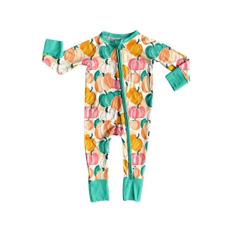 Baby Boys Colorful Pumpkins Plaid Fall Zipper Footie Rompers