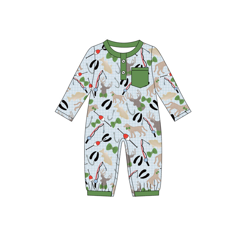 Baby Boys Green Pocket Button Fishing Footie Rompers Preorder