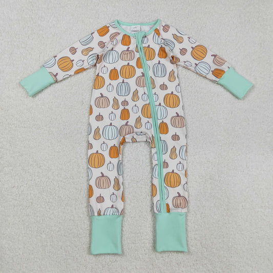 Sibling Baby Boys Colorful Pumpkins Fall Zipper Footie Rompers Pajamas Sets