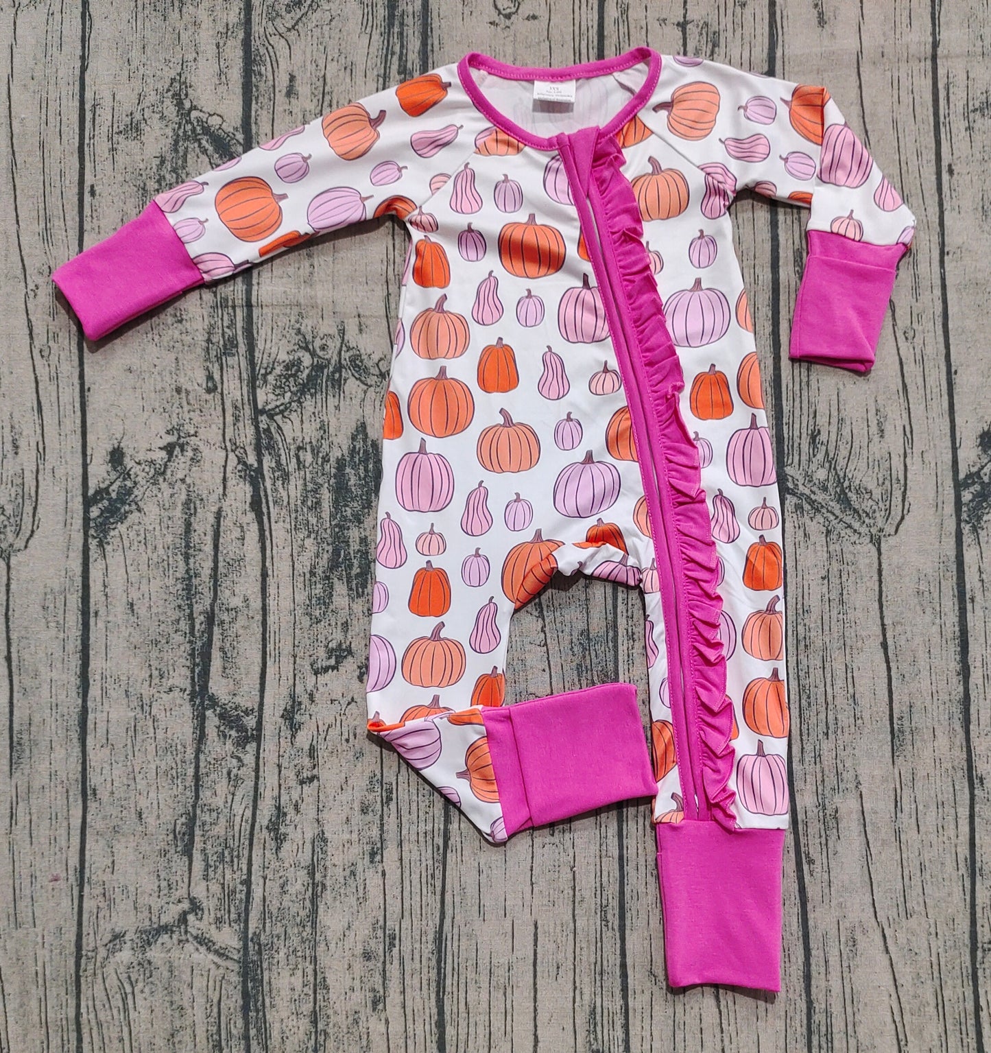 Baby Girls Colorful Pumpkins Fall Ruffle Zipper Footie Rompers