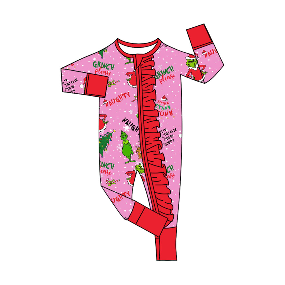 Baby Girls Green Face Christmas Trees Ruffle Zipper Footie Rompers Preorder