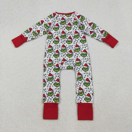 Baby Boys Christmas Lights Green Face Plaid Zipper Footie Rompers
