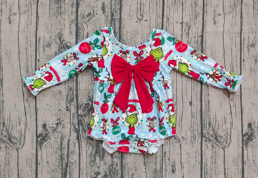 Baby Girls Christmas Green Face Holly Ruffle Rompers