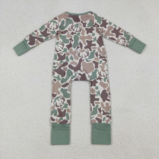 Baby Boys Brown Deer Camo Western Zipper Footie Rompers