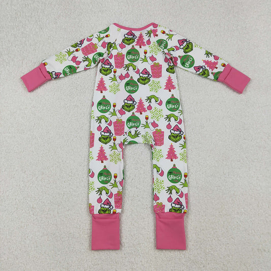 Baby Girls Green Face Gifts Christmas Zipper Footie Rompers