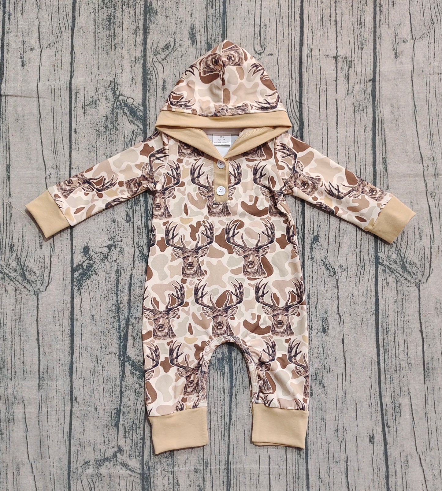 Baby Boys Khaki Camo Deer Button Hoodie Hunting Rompers