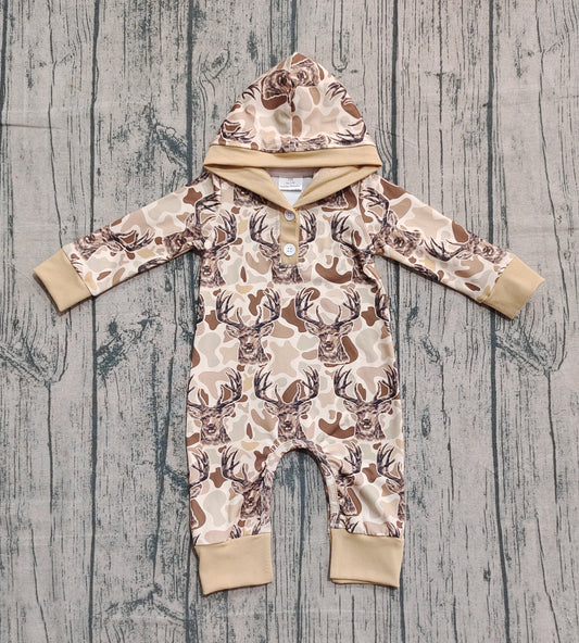 Baby Boys Khaki Camo Deer Button Hoodie Hunting Rompers