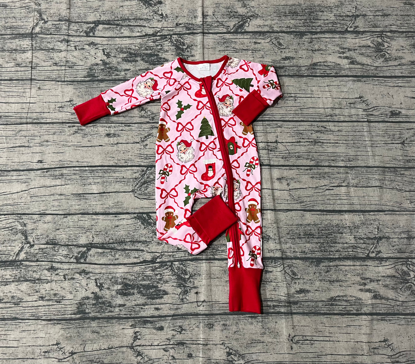 Baby Girls Red Bows Santa Gifts Checked Christmas Zipper Footie Rompers
