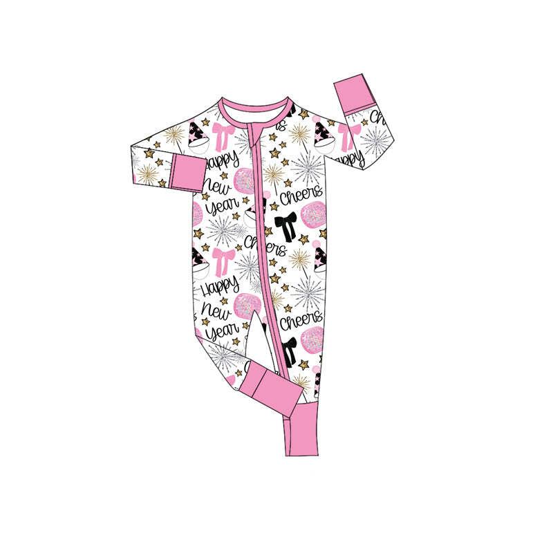 Baby Girls Pink Bows Balls Happy New Year Zipper Footie Rompers Preorder