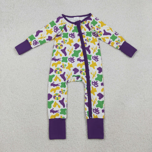 Sibling Baby Boys Girls Long Sleeves Mardigras Two Way Zip Convertible Rompers