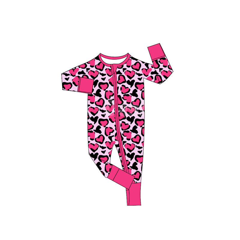 Baby Girls Hot Pink Black Hearts Leopard Valentine Zipper Footie Rompers Preorder