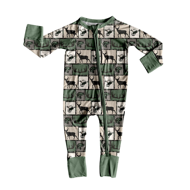 Baby Boys Green Deer Fishes Checked Western Hunting Zipper Footie Rompers Preorder