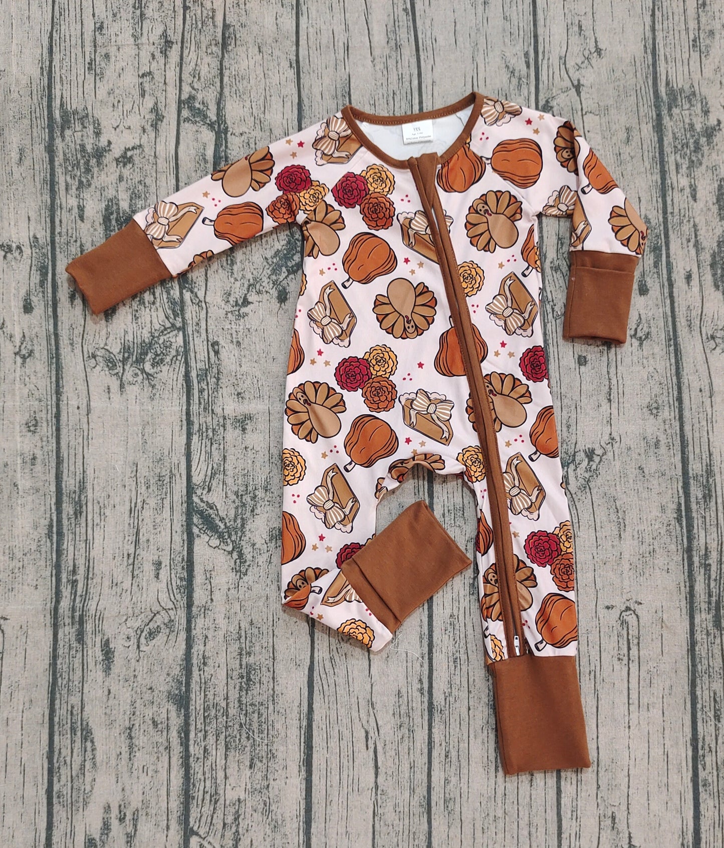 Baby Boys Pie Turkey Pumpkins Thanksgiving Zipper Footie Rompers