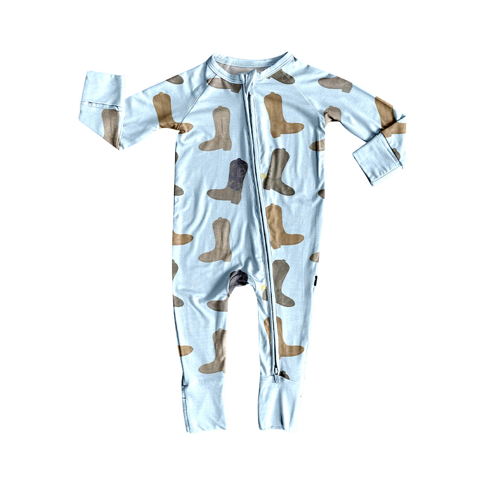 Baby Boys Blue Boots Western Zipper Footie Rompers Preorder
