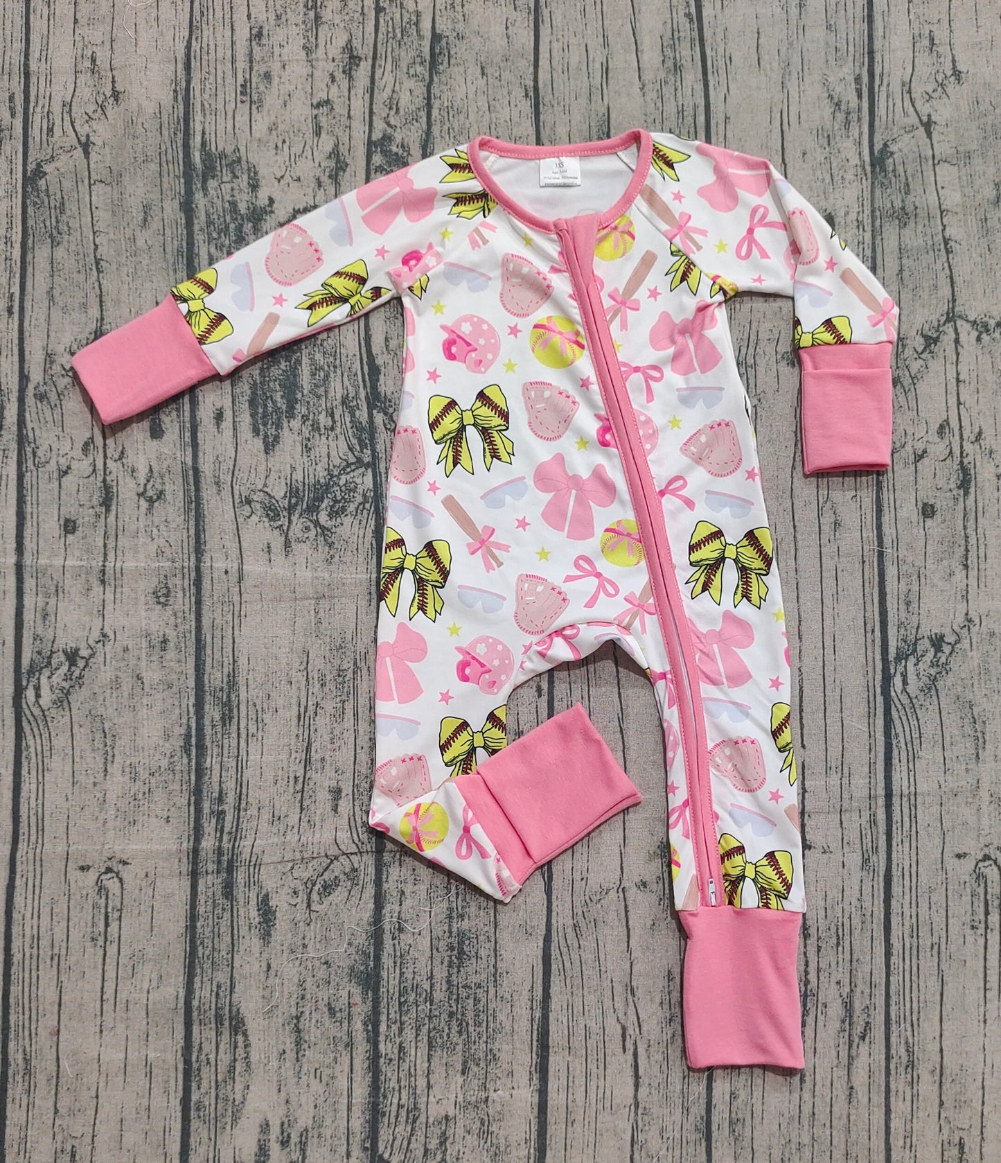 Baby Girls Pink Bows Baseballs Team Two Way Zip Convertible Rompers