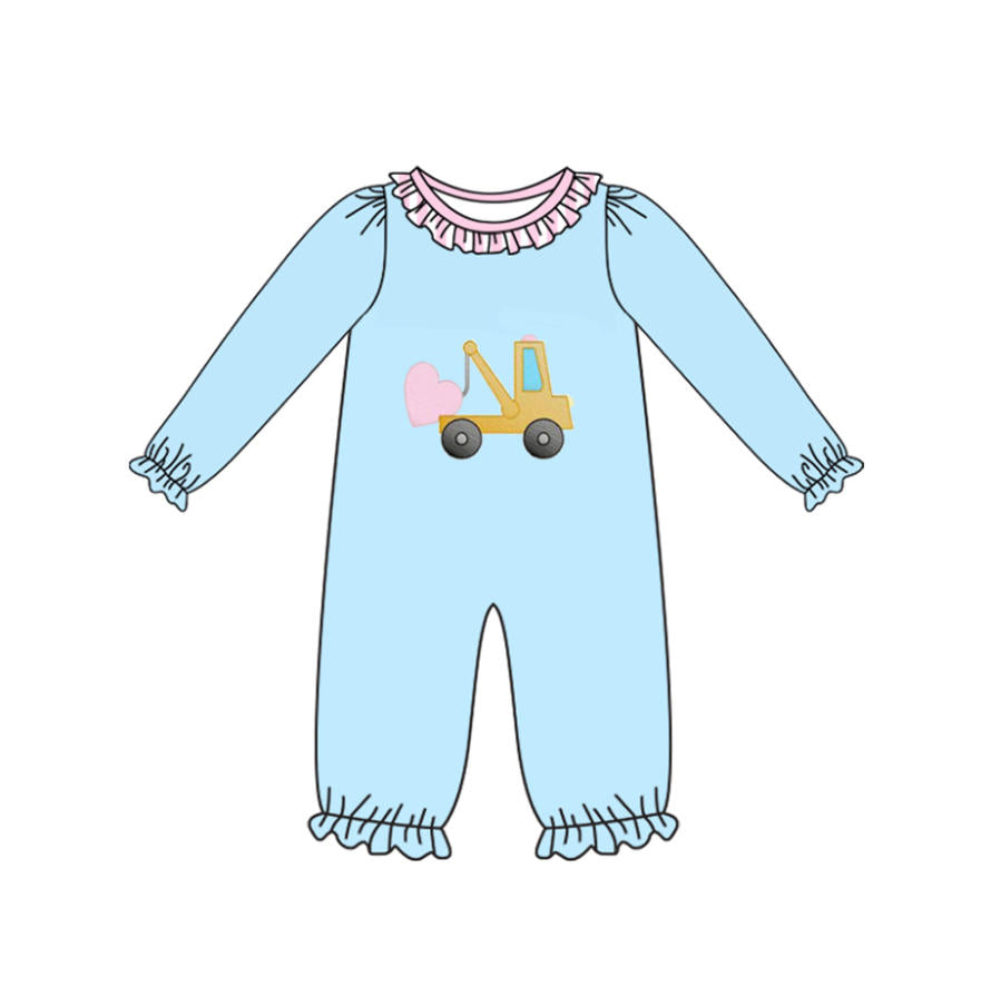Baby Girls Hearts Excavator Valentine Ruffle Footie Rompers Preorder