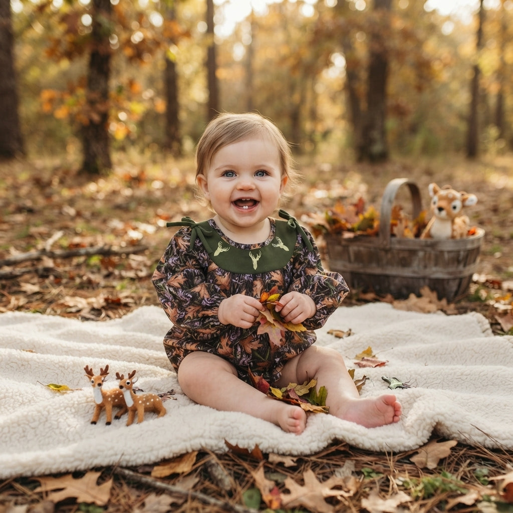 Embroidery Deer Baby Girls Green Leaves Camo Hunting Bows Romper