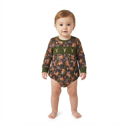 Embroidery Deer Baby Boys Green Leaves Camo Bows Hunting Rompers