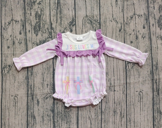 Baby Girls Lavender Checked Jesus Love Me Cross Ruffle Rompers