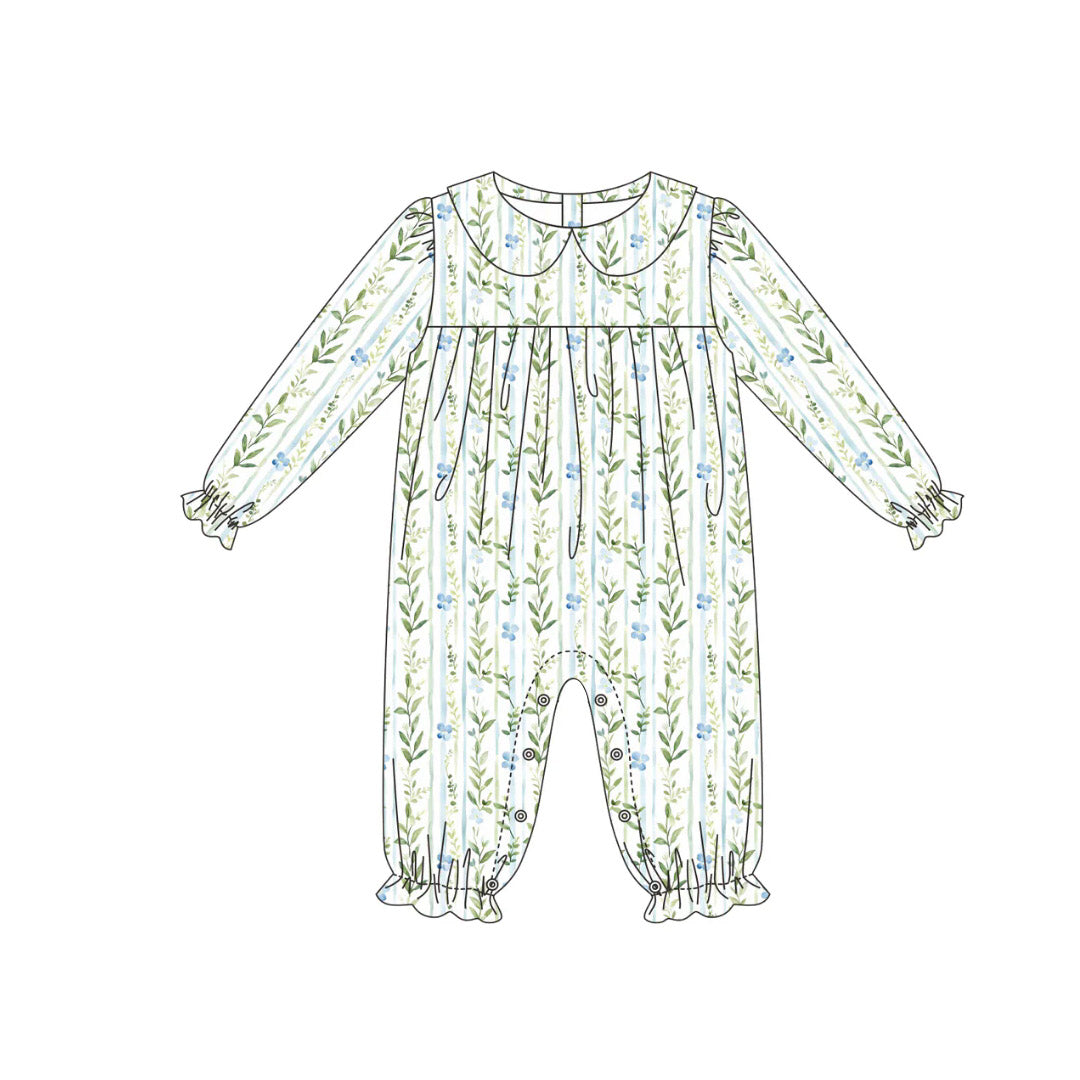 Baby Girls Long Sleeve Green Blue Flowers Stripe Ruffle Footie Rompers Preorder