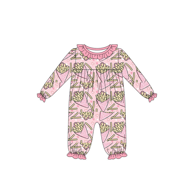 Baby Girls Long Sleeve Hearts Chips Valentine Ruffle Footie Rompers Preorder