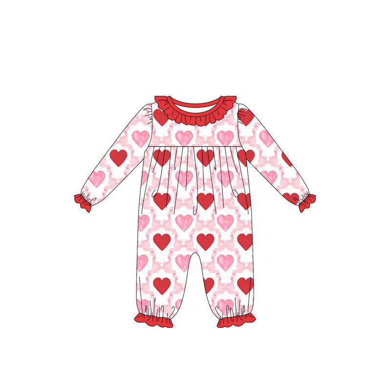 Baby Girls Long Sleeve Hearts Bows Checked Valentine Ruffle Footie Rompers Preorder